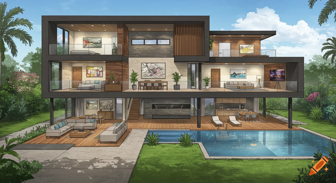 A modern multi-story house cutaway view showing rooms and an outdoor pool.