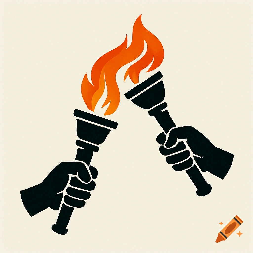 Logo of two hands holding torches with flames