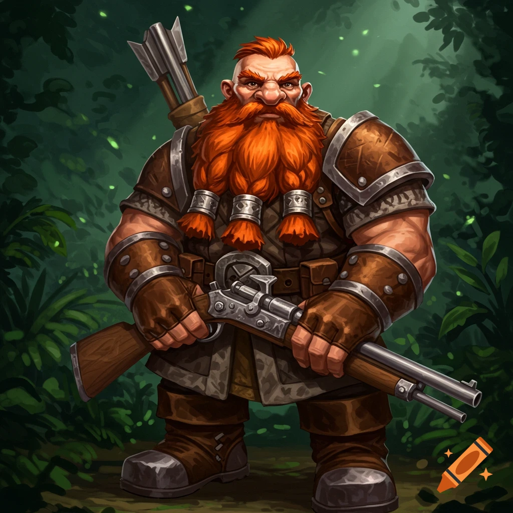 A sturdy dwarf with a red beard holding a rifle in a forest.