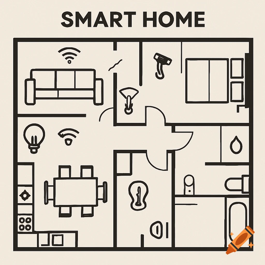 Line art floor plan of a smart home with furniture and technology icons.