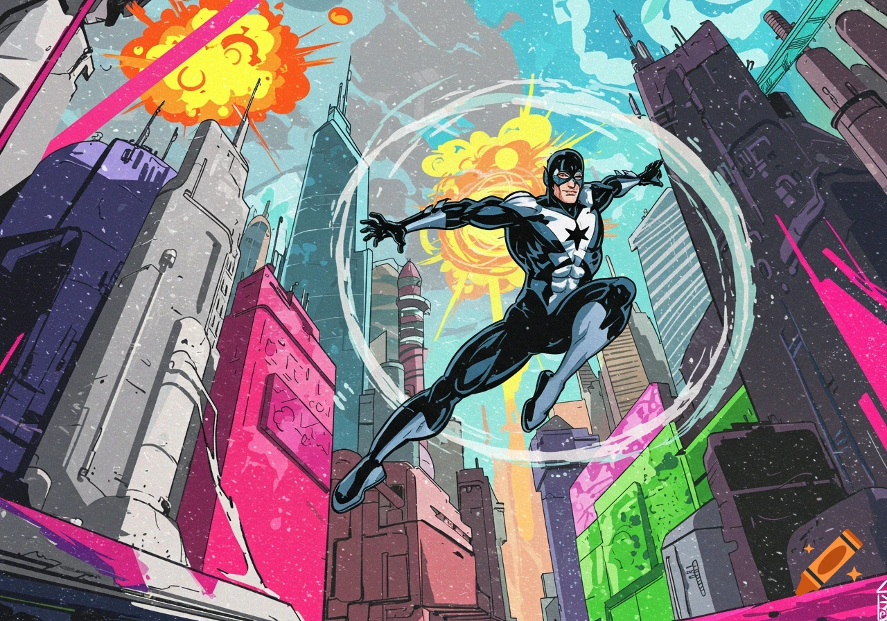 Comic book style illustration of a superhero flying over a city with explosions.