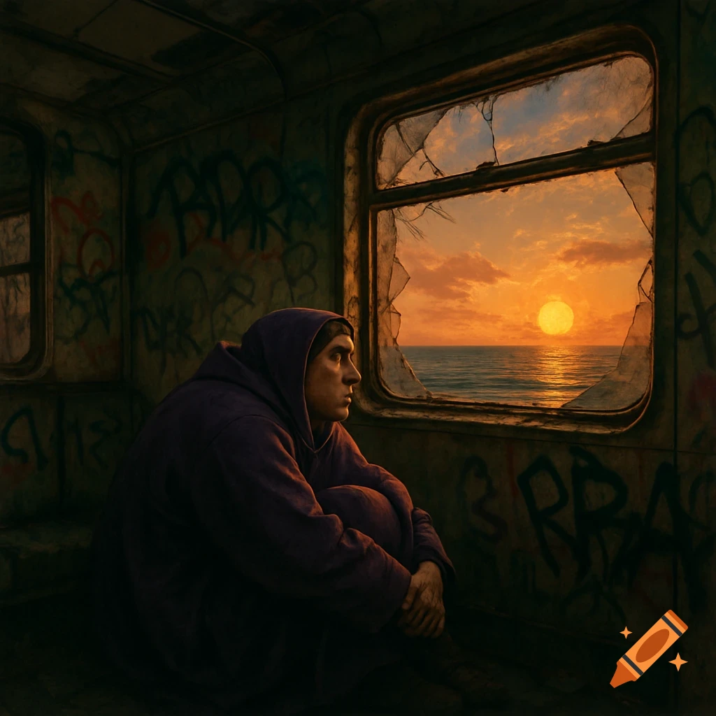 A person sitting in a graffiti-covered train car looks at a sunset over the ocean through a broken window.