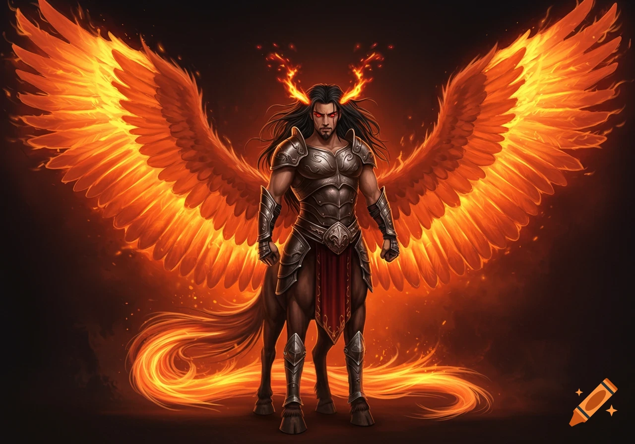 A fantasy image of a muscular centaur with fiery phoenix wings and armor.