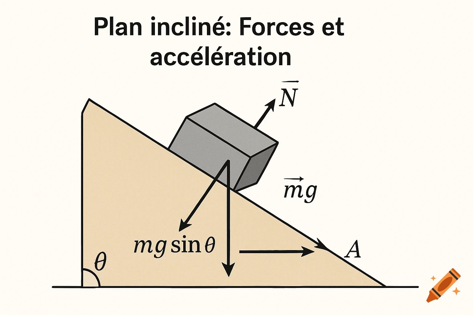 Diagram illustrating forces and acceleration on an inclined plane with force vectors and labels.