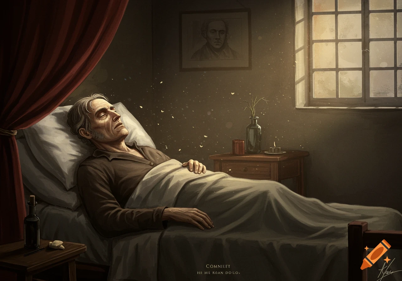 An old man lies in a bed in a dimly lit room with light from a window.