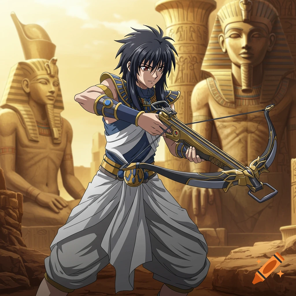 Anime character in Egyptian attire holding a crossbow stands before desert ruins and statues.