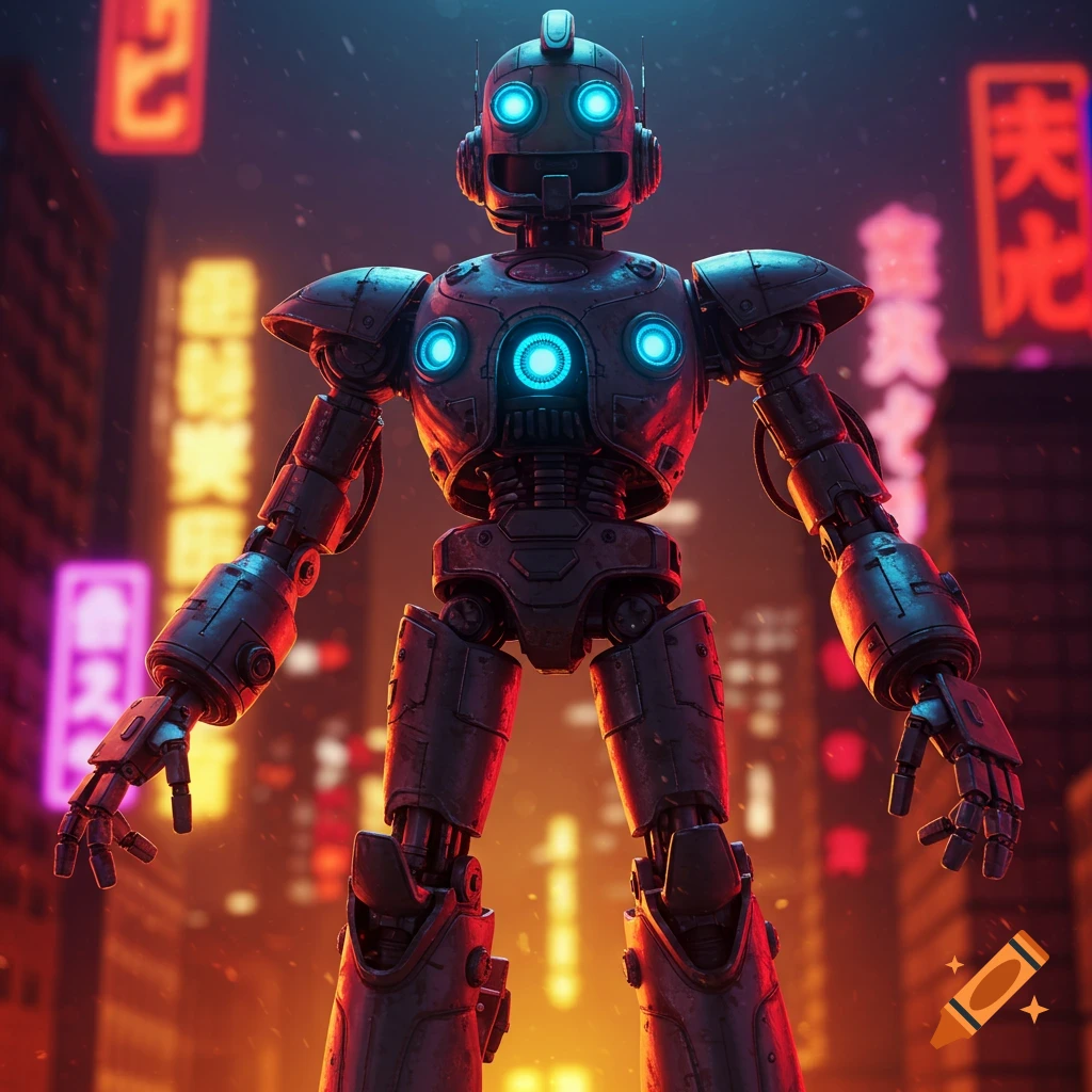 A large detailed robot stands in a rainy city street at night, illuminated by blurry neon signs in the background.