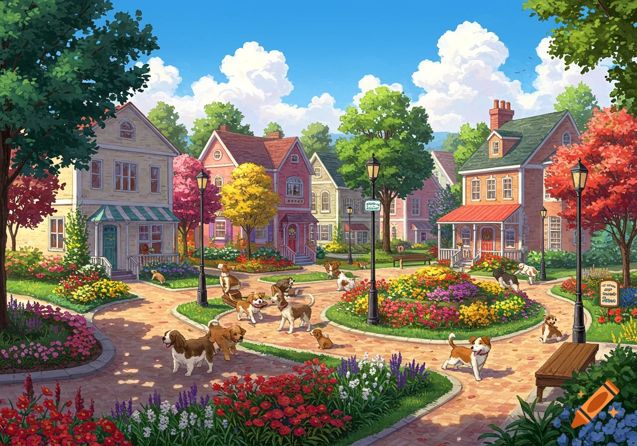 A charming village scene with colorful houses, flowers, and several dogs playing