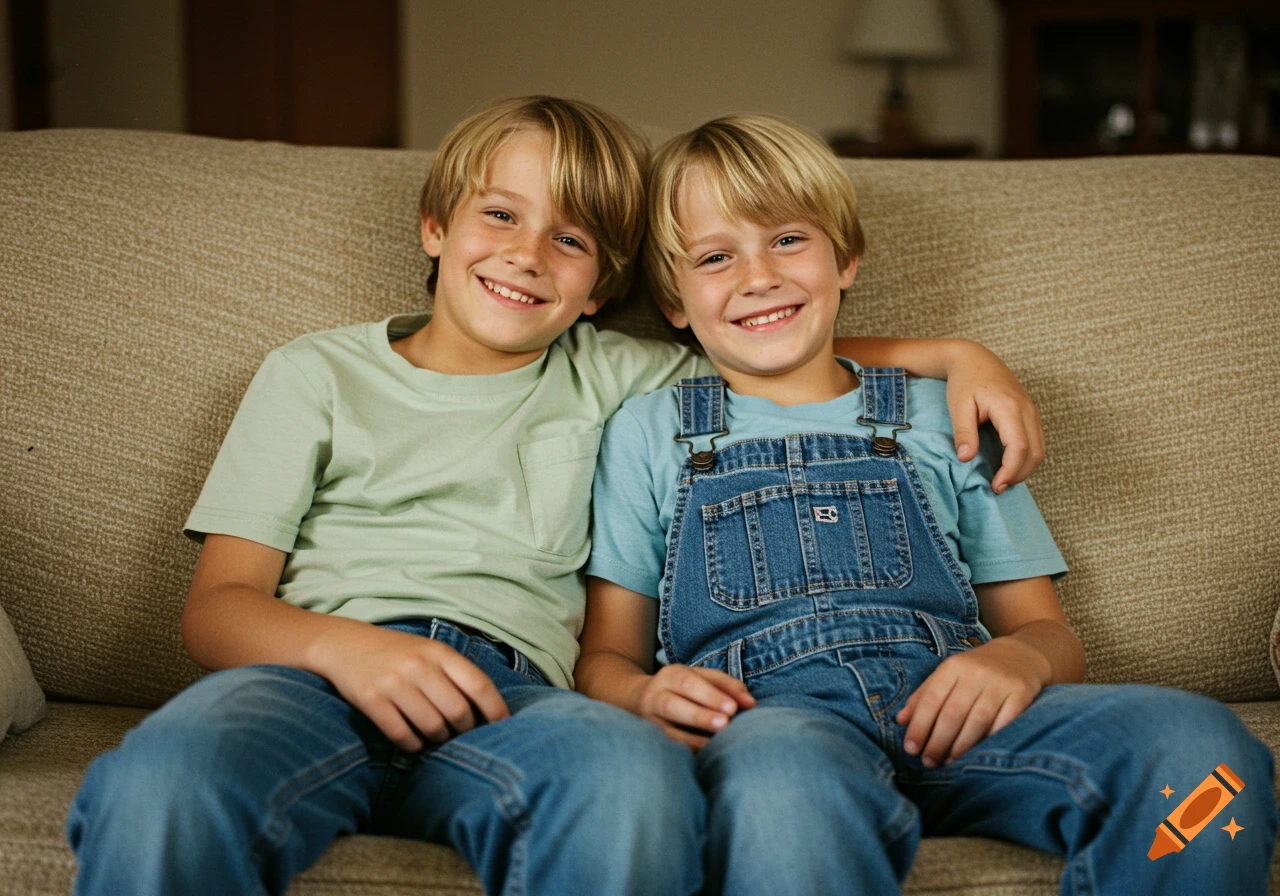 Two smiling preteen boys sit together on a couch, one in a green shirt and the other in overalls, in a warm-toned living room.