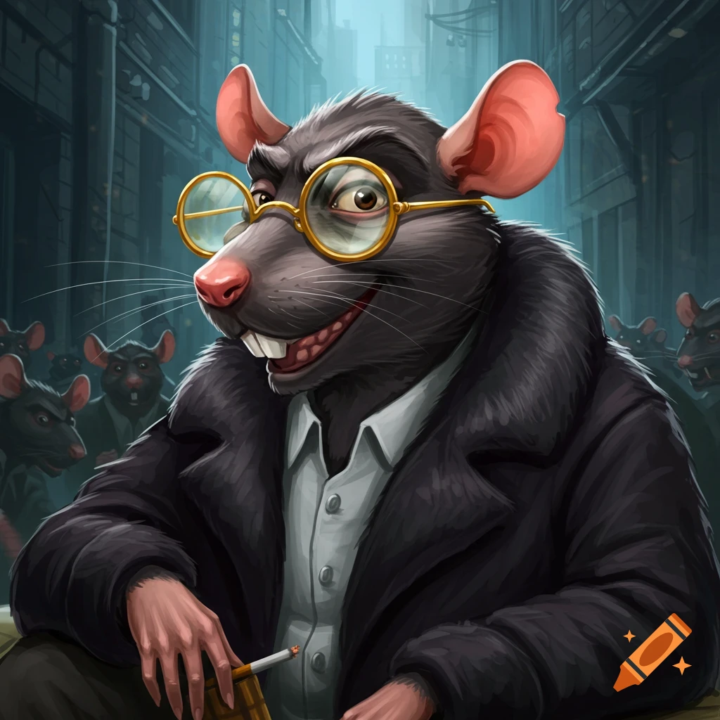 An anthropomorphic rat in a suit and glasses smokes in a dark alley with other rats.