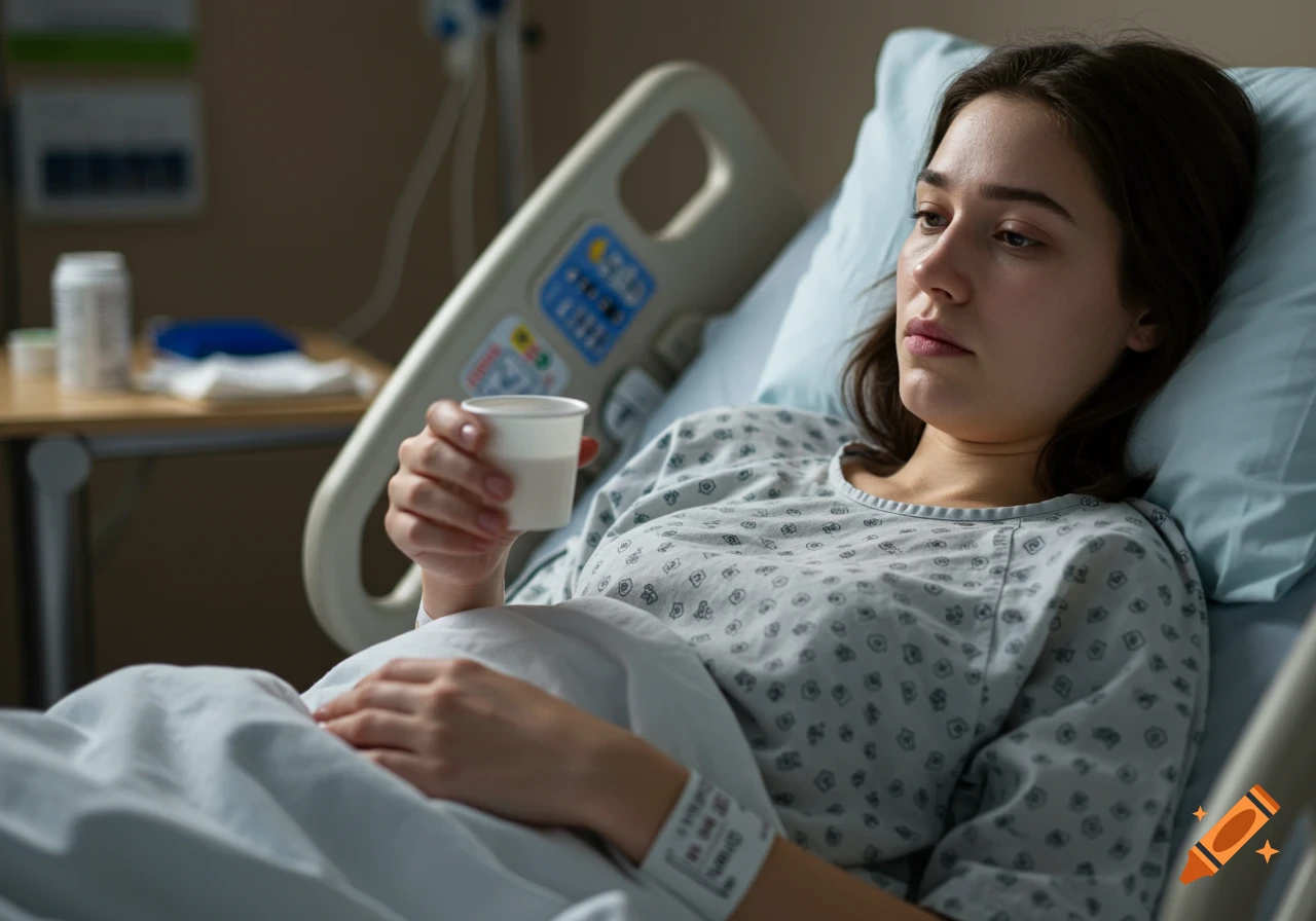 A young woman lies in a hospital bed, holding a small cup.