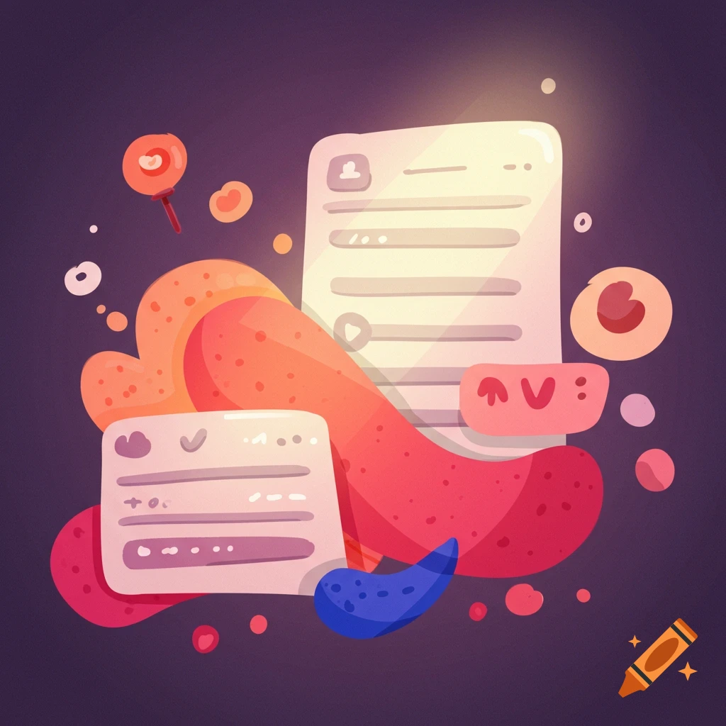 Abstract illustration of design concepts with UI elements and organic shapes.