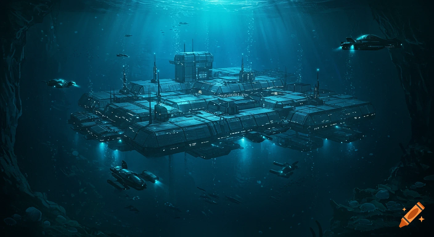 A futuristic underwater base with submersibles and light rays.