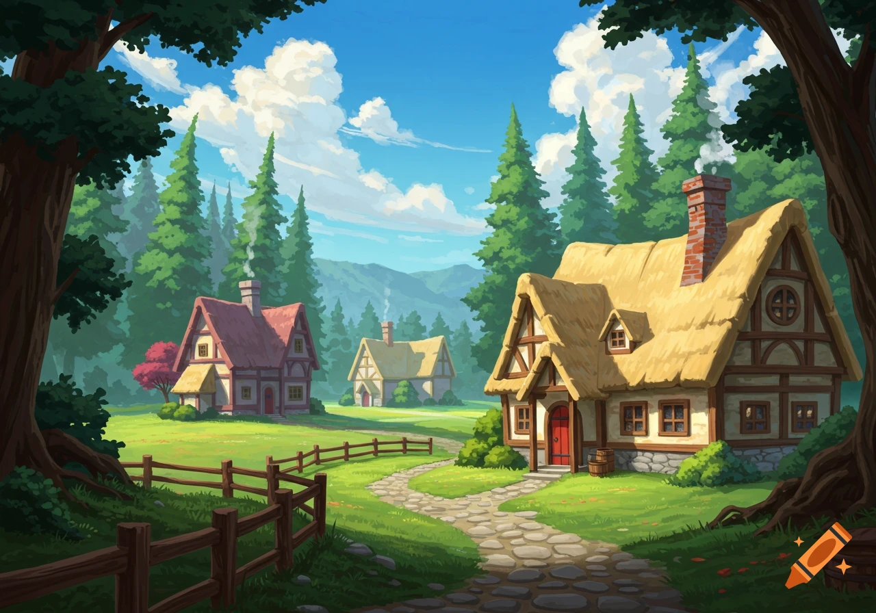 A peaceful village with thatched-roof houses nestled beside a forest.