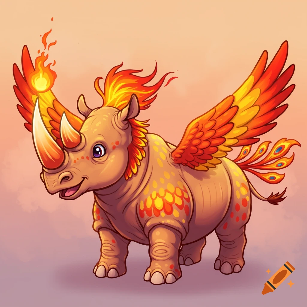 A cartoon depiction of a rhino with fiery phoenix wings and tail.