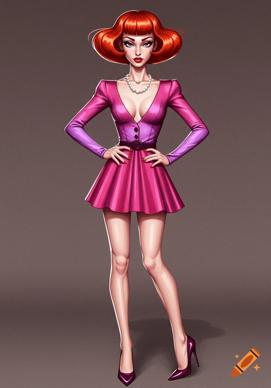 A stylized image of a woman with red bob hair wearing a pink and purple dress and high heels.