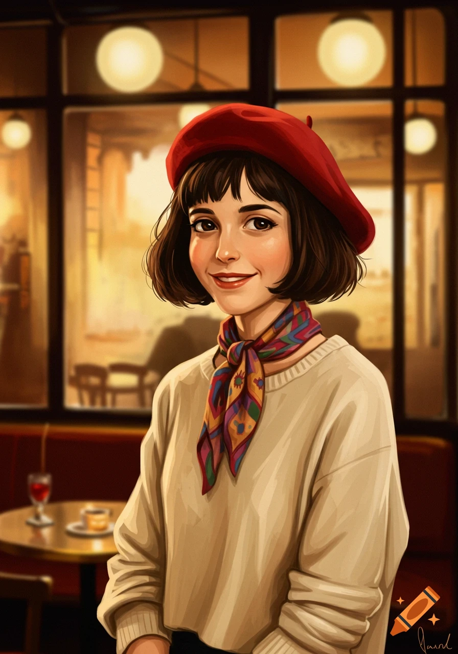 Portrait of a woman in a red beret and colorful scarf, smiling in a cafe.