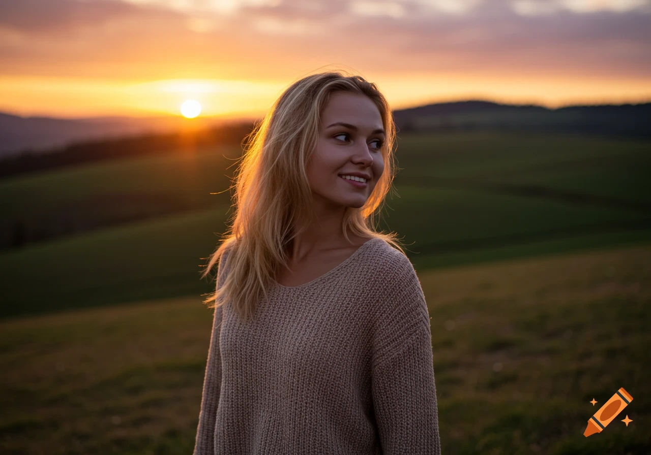 A blonde woman in a sweater looks towards the sunset over hills.