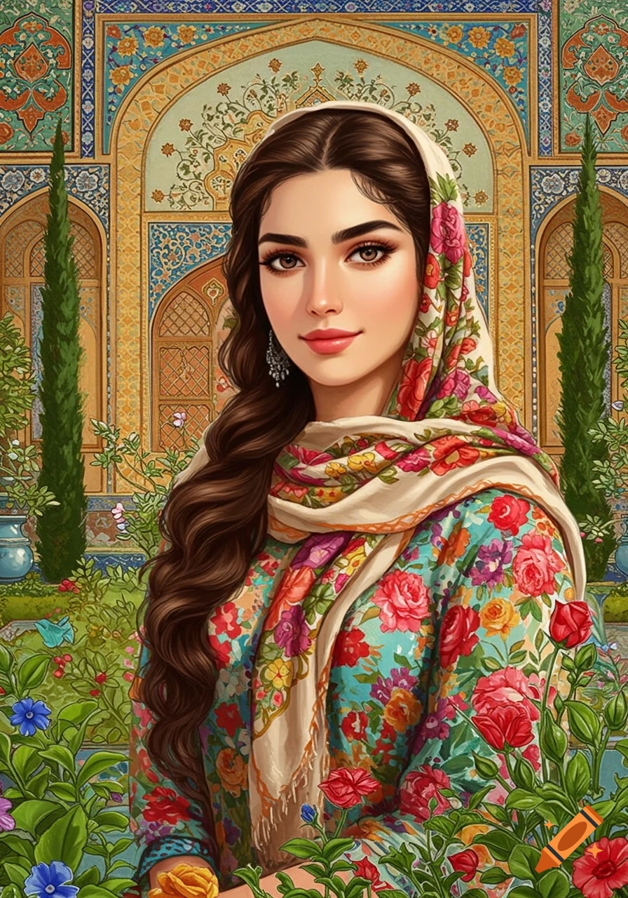 A woman in a floral dress and headscarf stands in a traditional Iranian garden with patterned architecture.