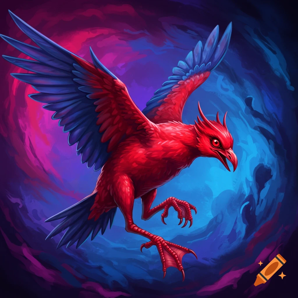 A red bird with blue wings flying against a purple and blue background