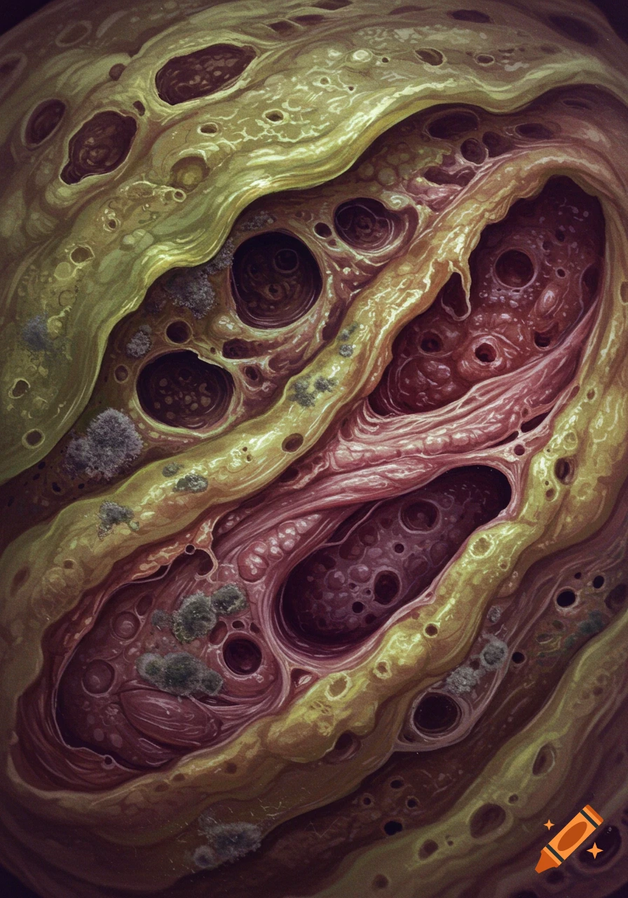 Close-up of textured rotten flesh with holes and folds