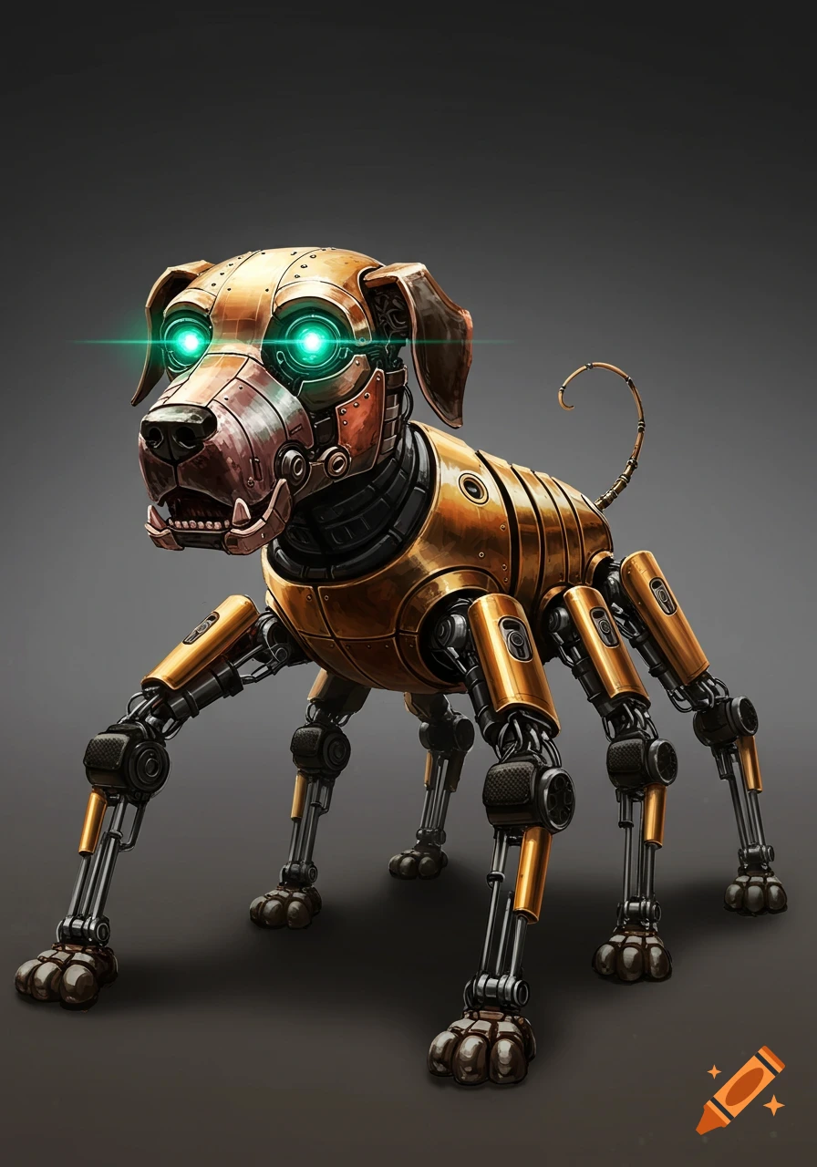 A robotic dog with eight legs, brass and copper body, and glowing green eyes.