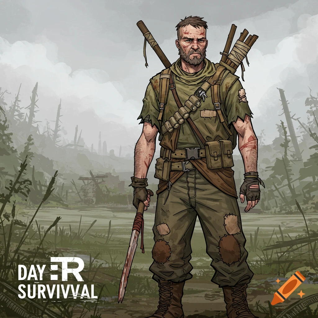 Illustrated survival character in a post-apocalyptic landscape holding a large knife.