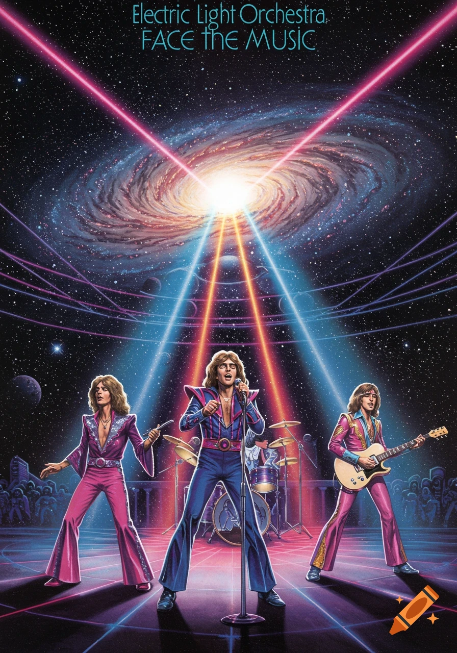 Illustration of Electric Light Orchestra performing on a stage with a galaxy backdrop and laser beams. Album text 'FACE THE MUSIC' at top.
