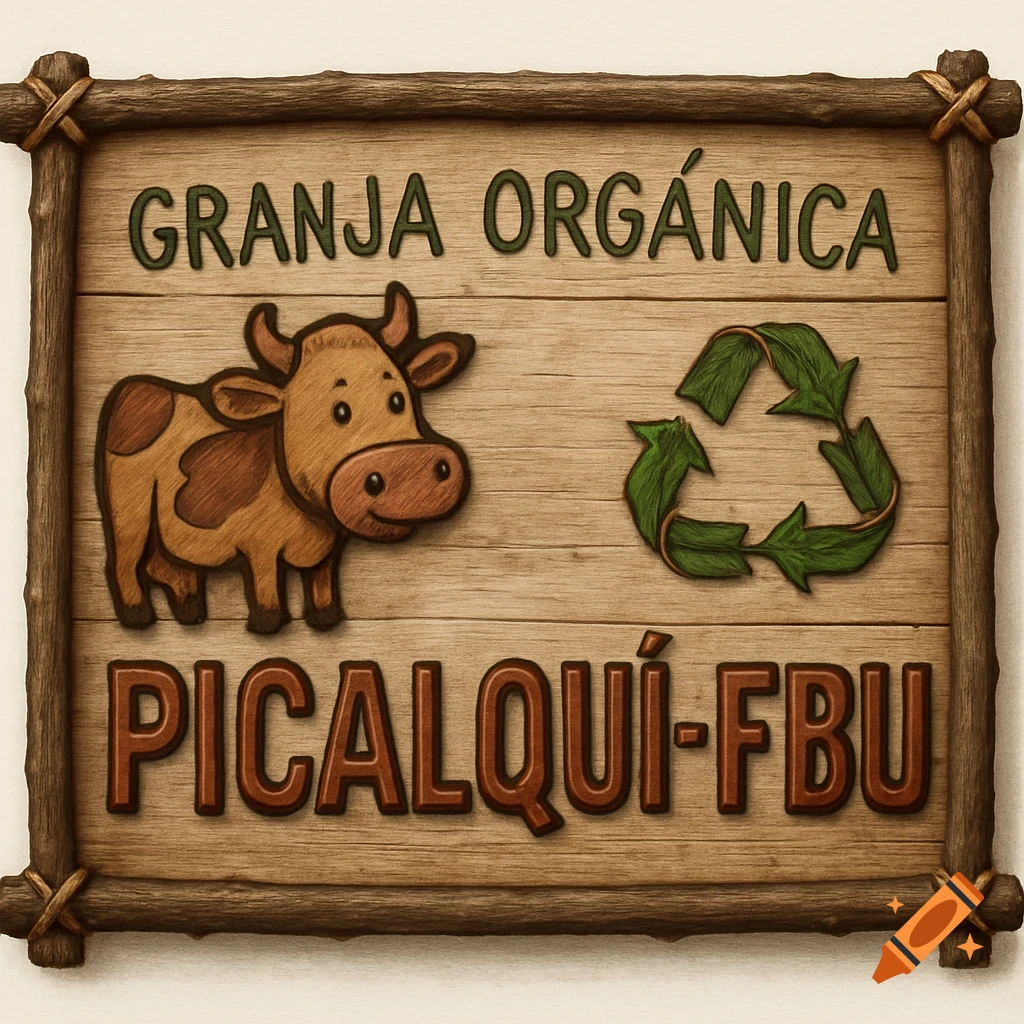 Illustration of a wooden sign with a cartoon cow, leafy recycling symbol, and text 'GRANJA ORGÁNICA PICALQUÍ-FBU'.