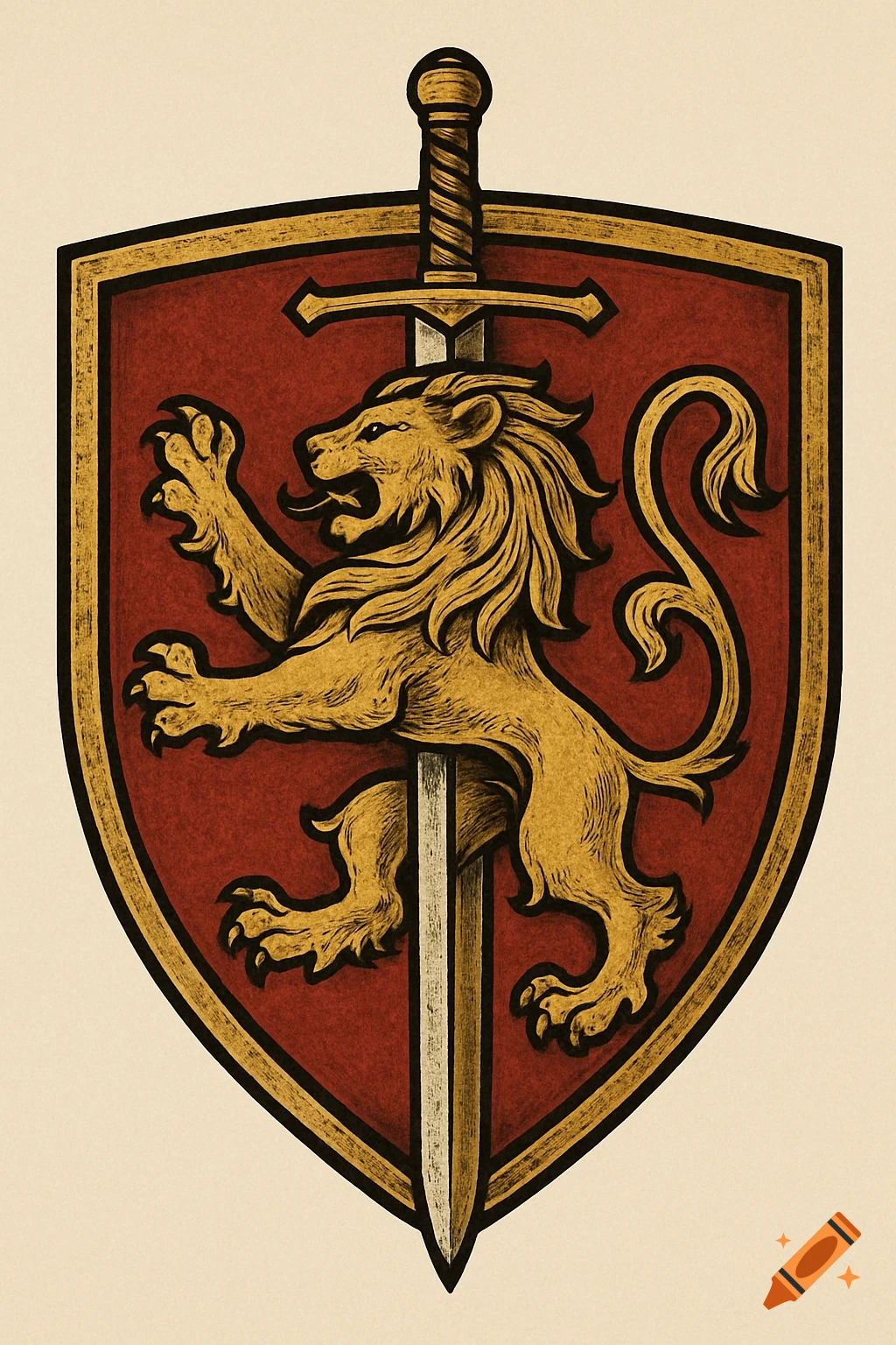 A red shield with a gold lion holding a vertical sword in a stylized illustration.