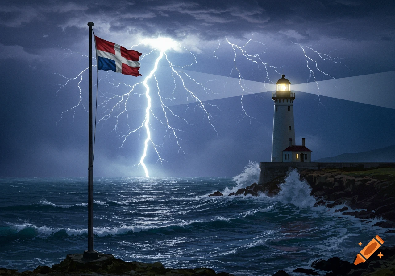 A lighthouse and flag pole stand on a stormy coast with lightning striking over the sea.