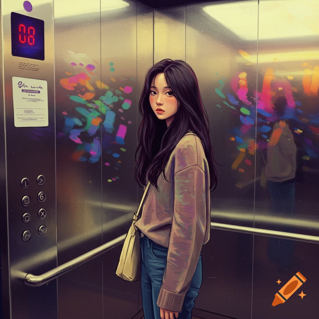 A young woman stands in an elevator looking towards the viewer, digital art.