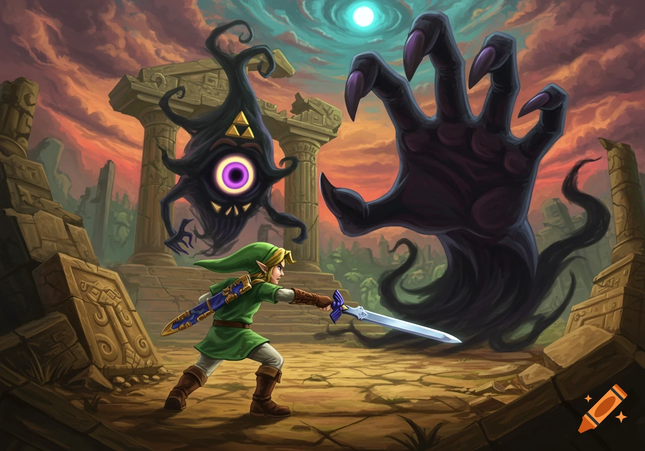 Link fights a floating eye monster and a shadowy hand in ancient ruins.