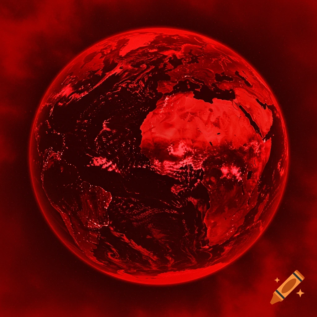 A red Earth is seen from space, showing continents and city lights.