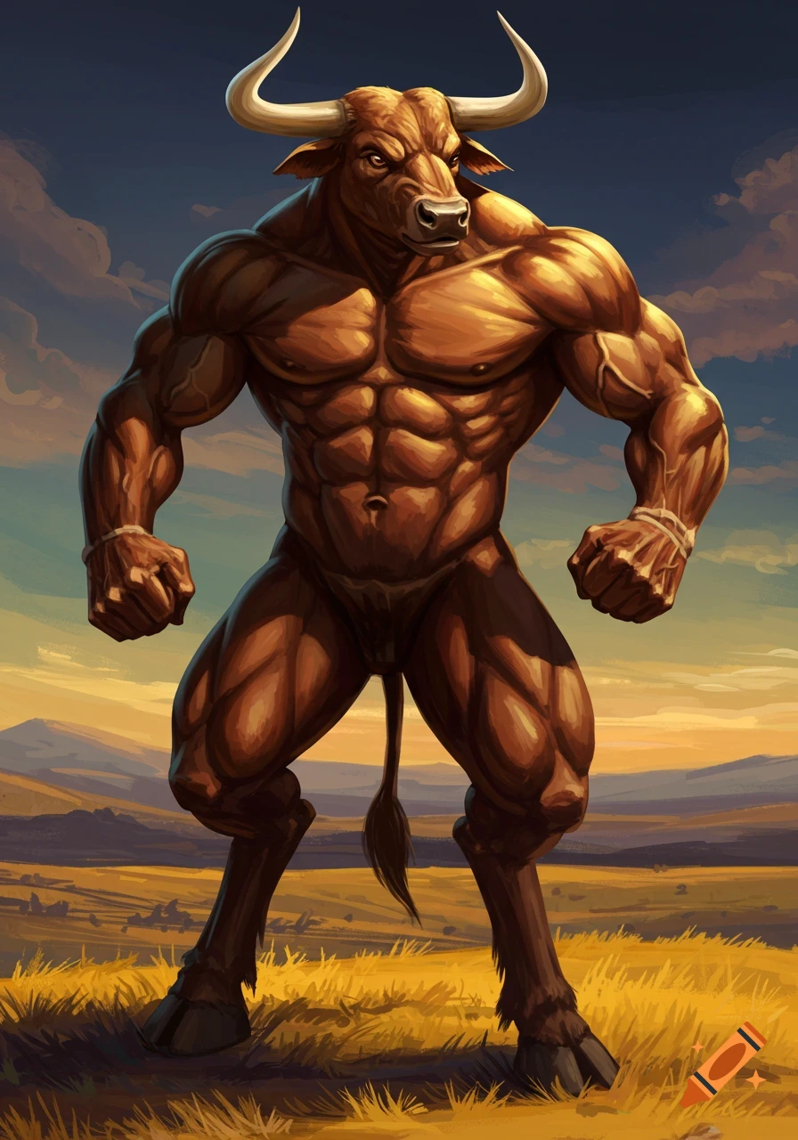 A muscular bull-human hybrid creature standing in a field.
