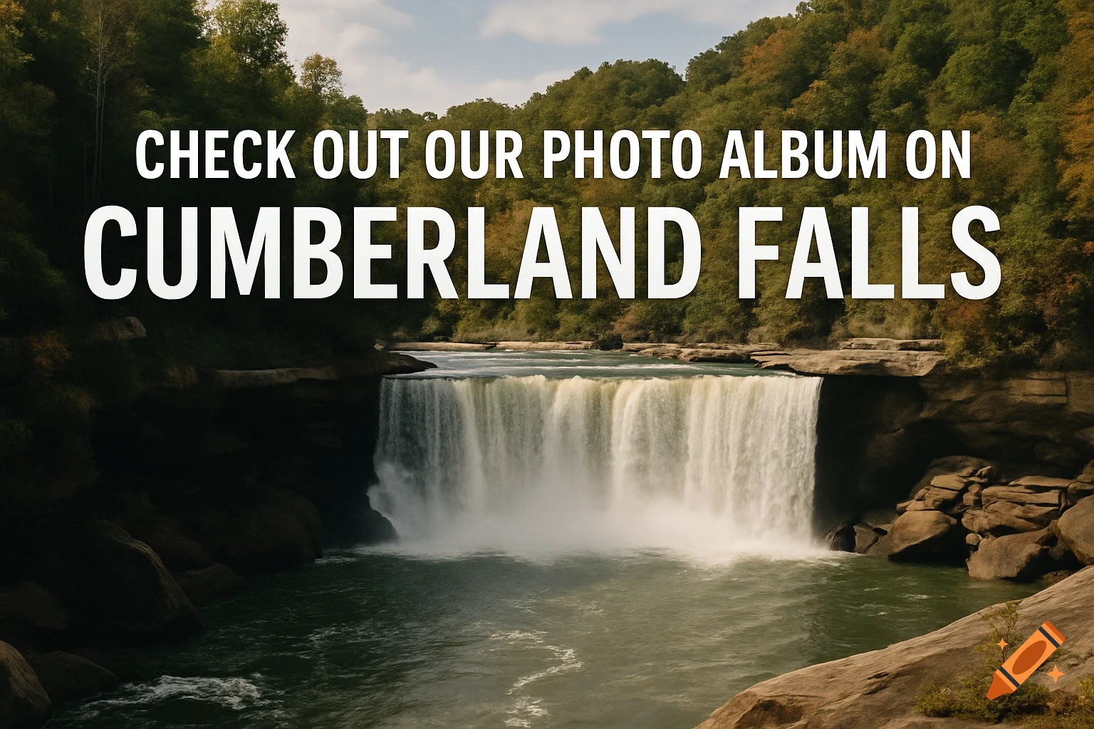 Photorealistic image of Cumberland Falls with text overlay reading 'CHECK OUT OUR PHOTO ALBUM ON CUMBERLAND FALLS'.