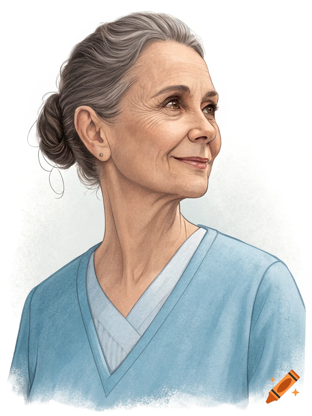 Portrait of an older woman in a blue v-neck top.