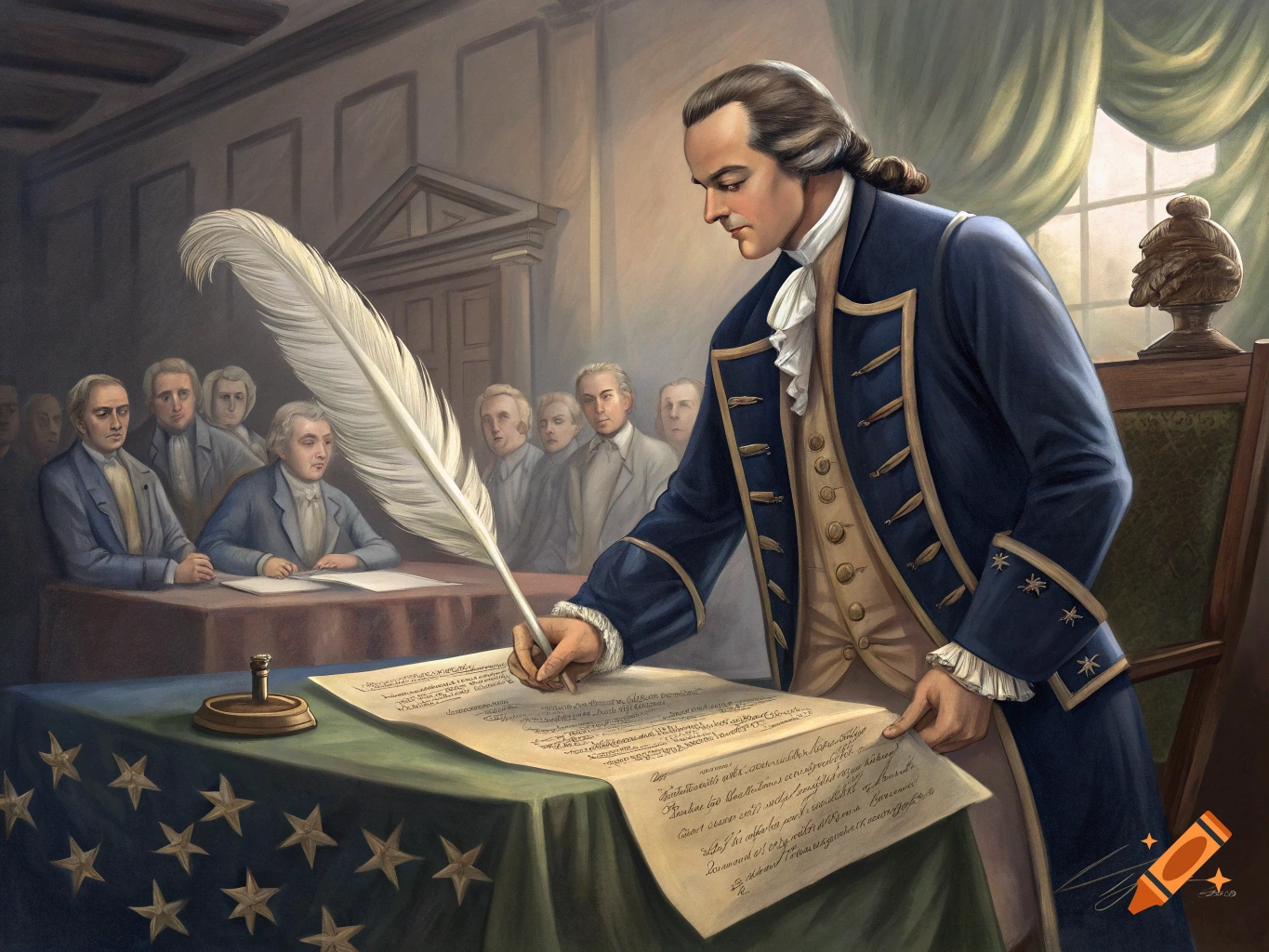 Painting of a historical figure signing a document with a large quill.
