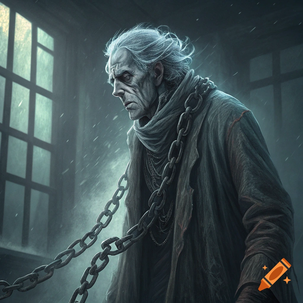 A gaunt man wrapped in chains stands in a dark, rainy room.