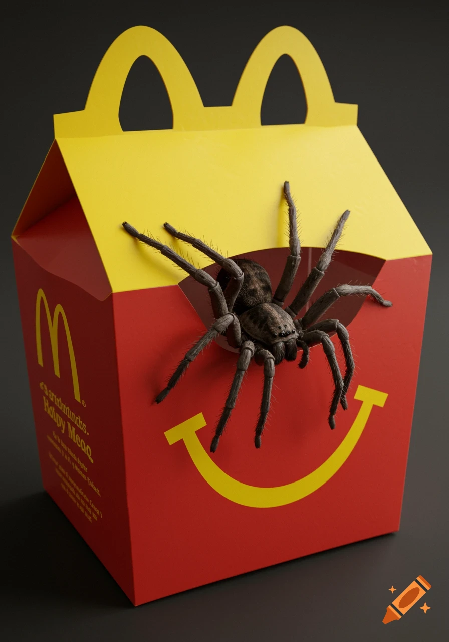 A large spider crawls out of a McDonald's Happy Meal box in a photorealistic style.
