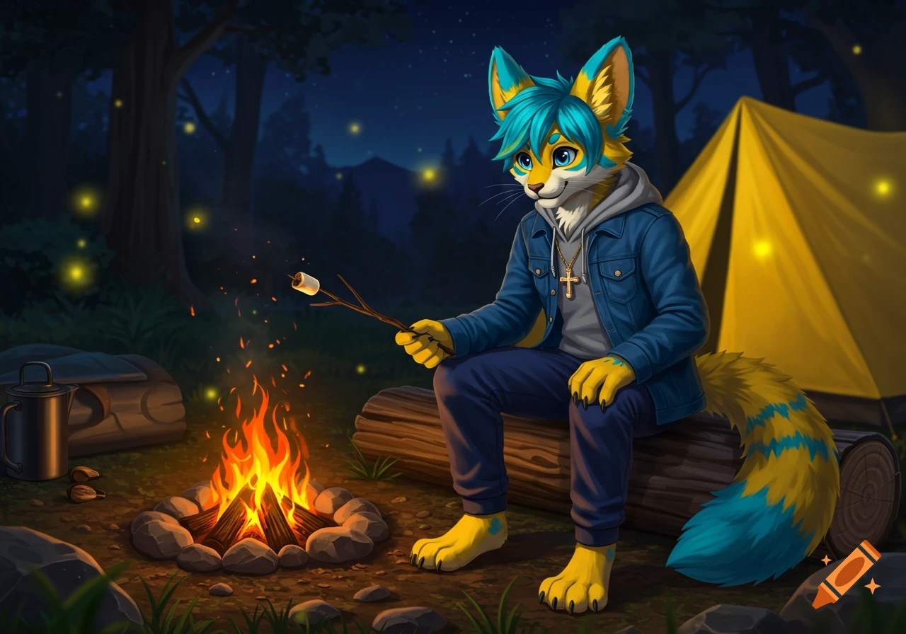 A furry character sits by a campfire roasting a marshmallow at night. A tent is in the background.