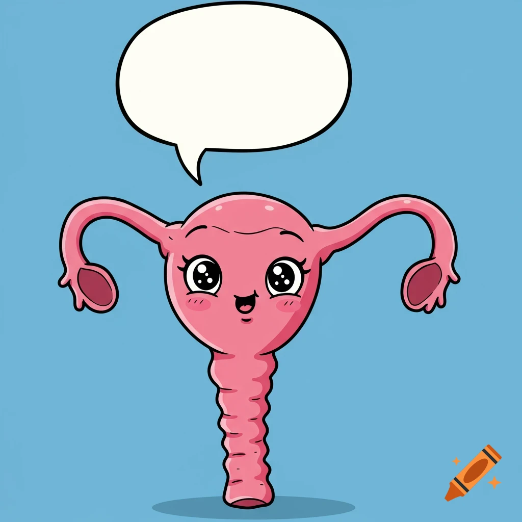 Cartoon pink uterus with face and arms, blank thought bubble on blue background