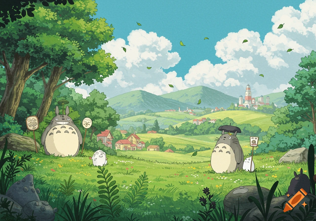 Two large Totoro-like creatures and small spirits stand in a grassy field overlooking a village and castle, Studio Ghibli style.