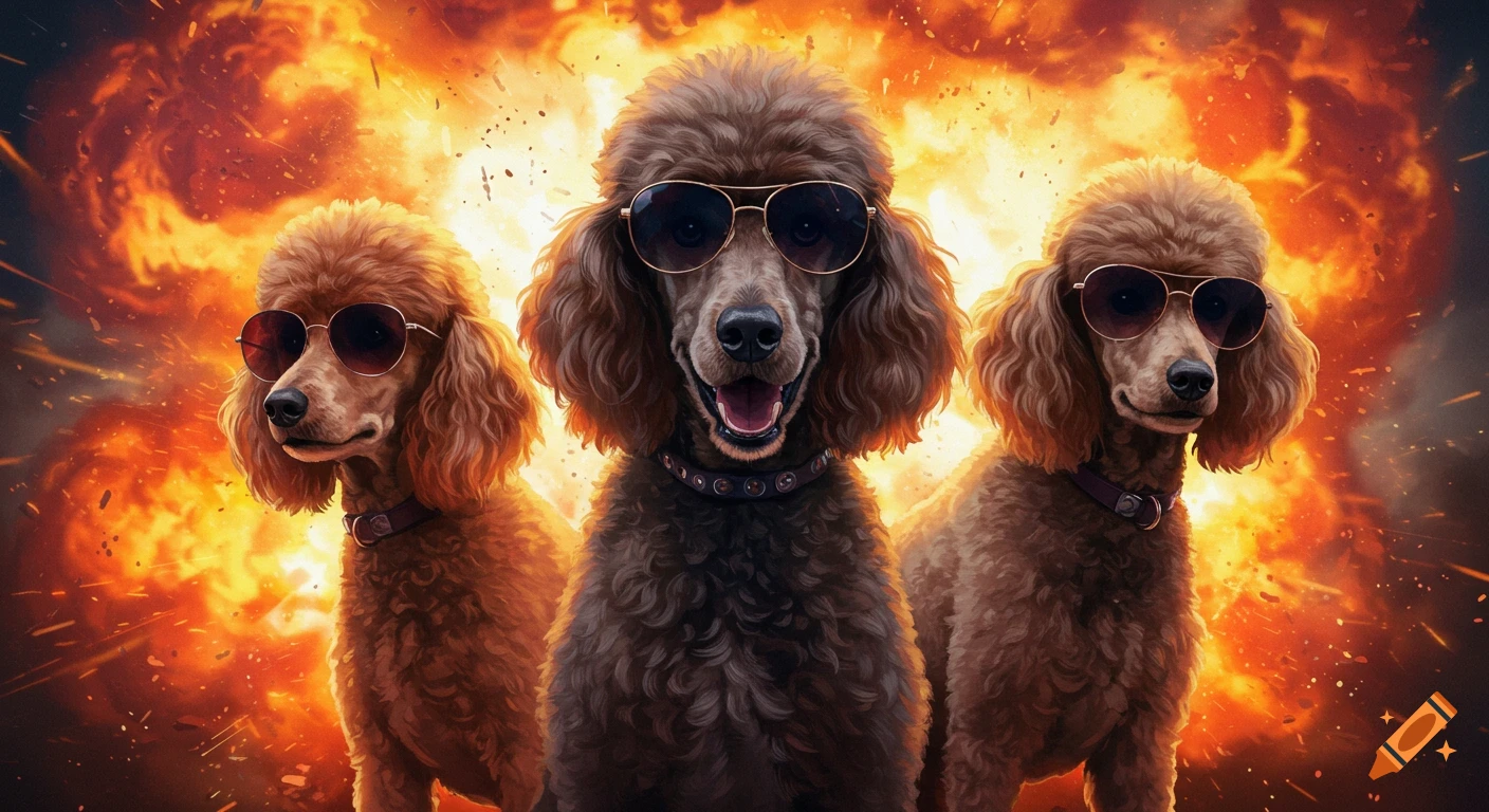 Three poodles in sunglasses standing in front of an explosion.