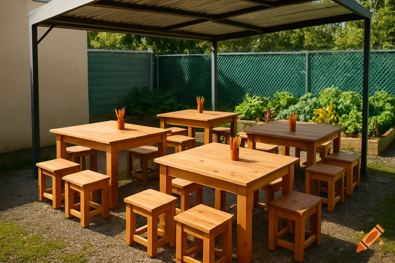Wooden tables and stools under a metal canopy in an outdoor area with gravel, grass, a fence, and garden beds.