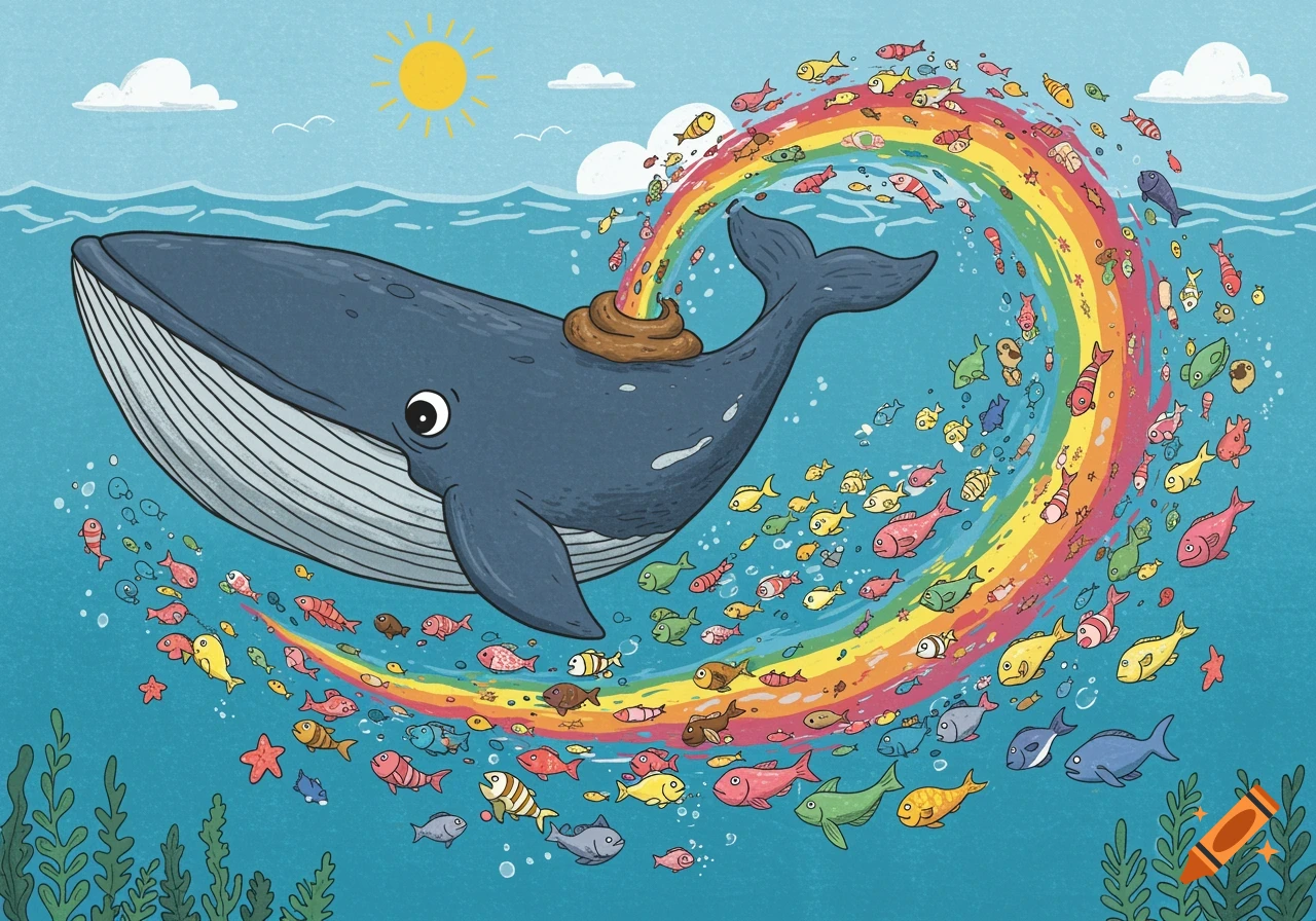 Cartoon illustration of a whale releasing rainbow-colored poo surrounded by fish in the ocean.