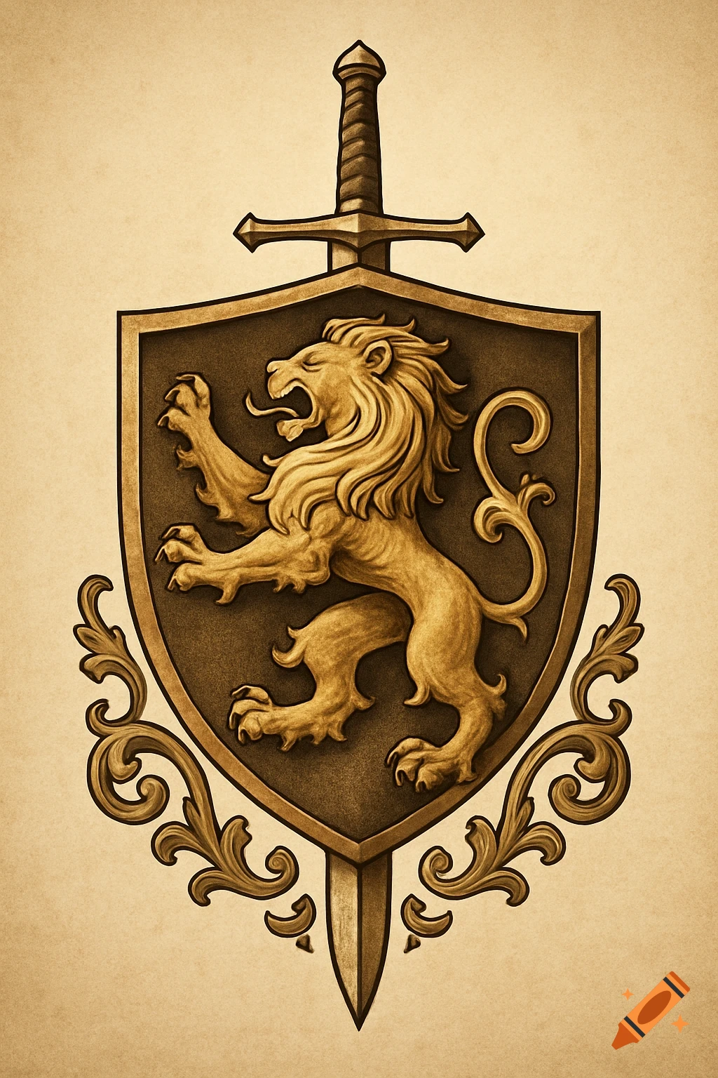 A golden lion rampant on a shield with a sword behind it, stylized crest.