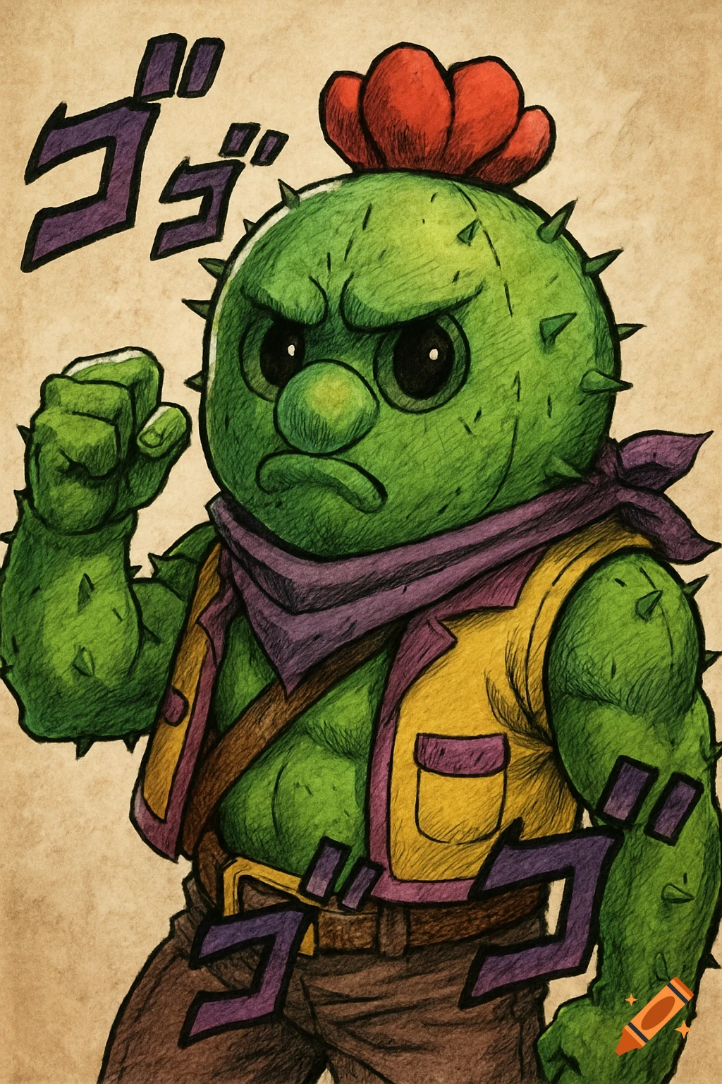 Green cactus character in yellow vest and purple scarf, dramatic pose, with purple text in JJBA style