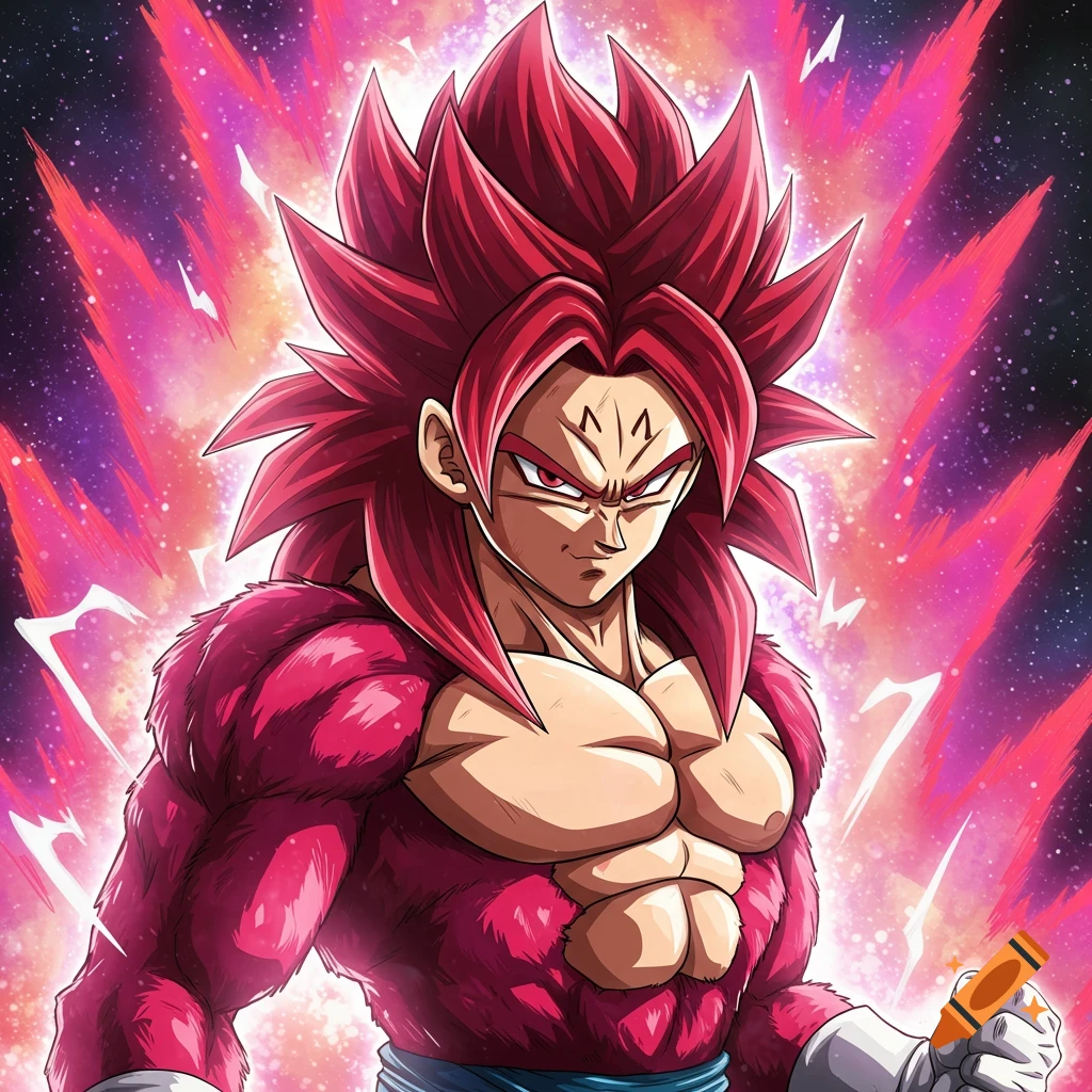 A muscular anime character with red fur and long spiky red hair, standing in a power-up pose against a pink and purple energy background.