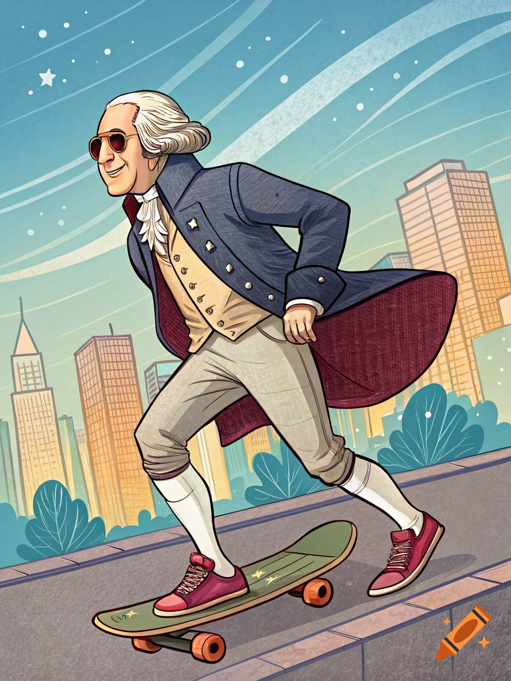 Illustration of George Washington in sunglasses skateboarding through a city.